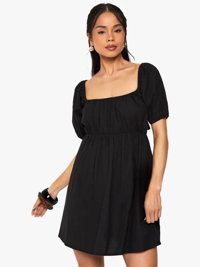 boohoo Dames Linnen Puffmouw Smock Mini-jurk Zwart