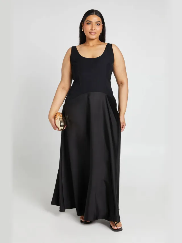 boohoo Dames Plus Crepe Mouwloze Jurk Met Satijnen Rok Zwart