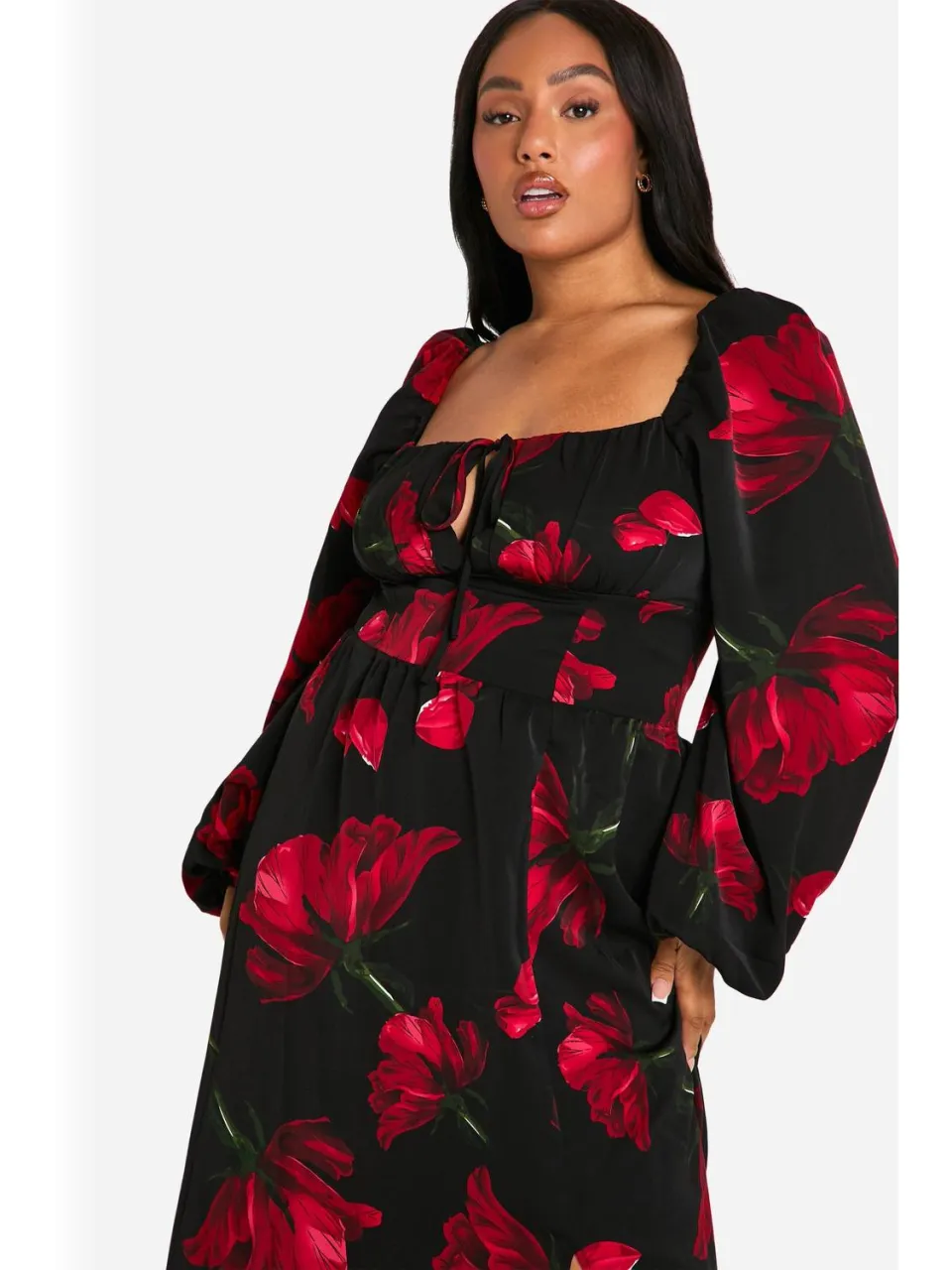 boohoo Dames Plus Ditsy Ballonmouw Melkmeisje Maxi-jurk zwart, foto 2