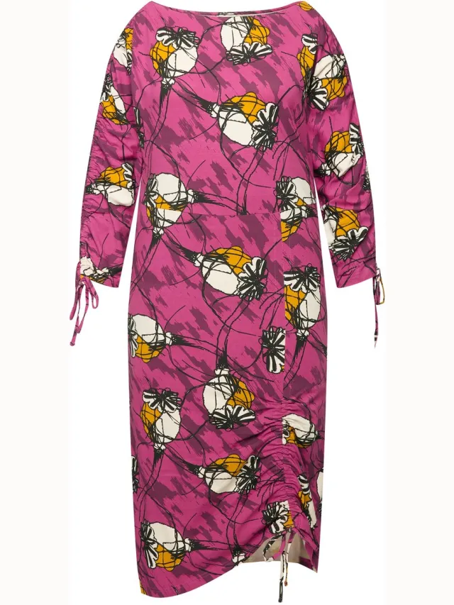 Ulla Popken Dames - Jersey midi-jurk bootnek 3/4-mouwen biologisch katoen - Fuchsia - Maat 46+