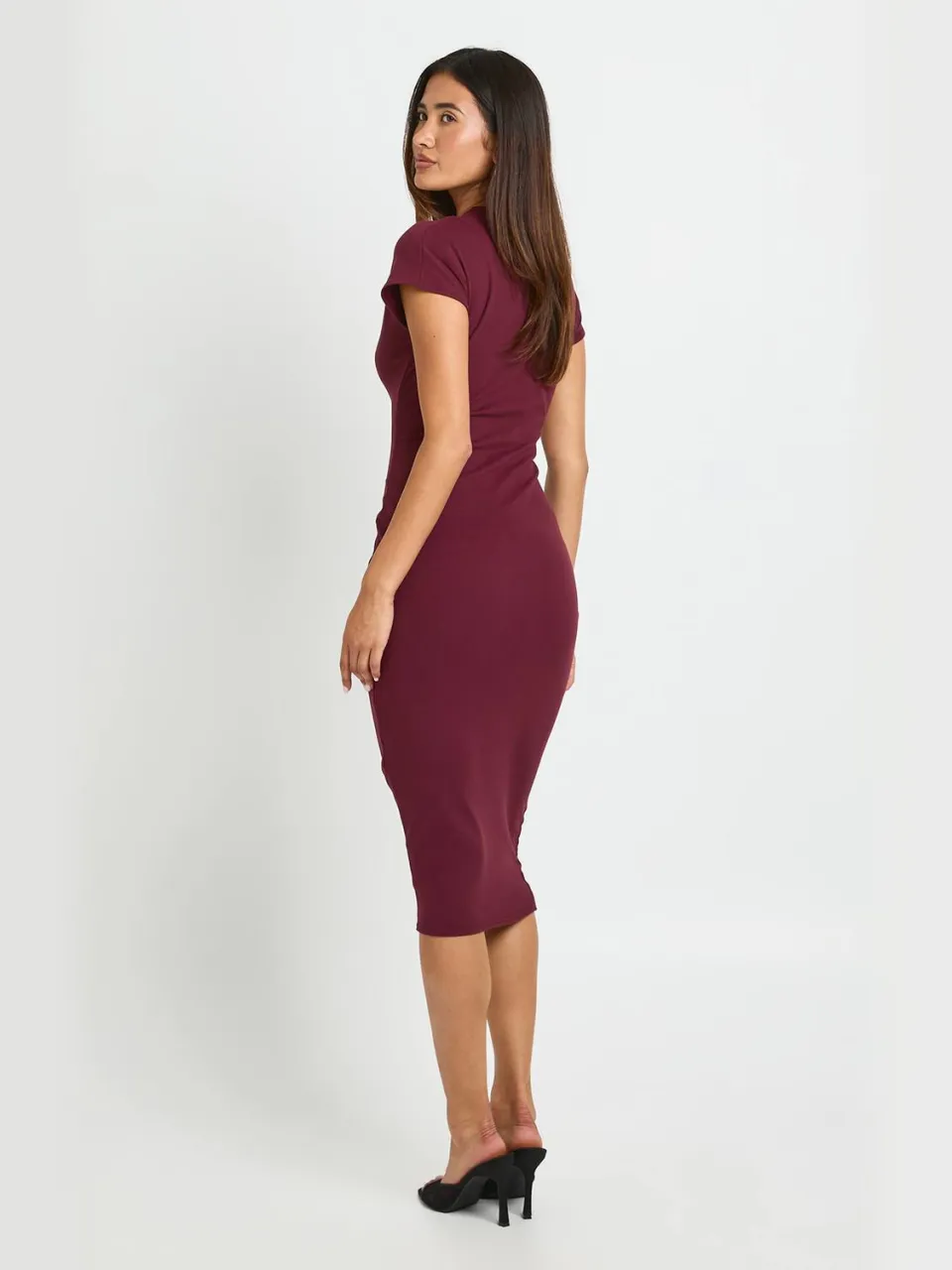 boohoo Dames Basic Supersoft Midi-jurk Met Diepe V-hals En Korte Mouwen bordeaux rood, foto 2
