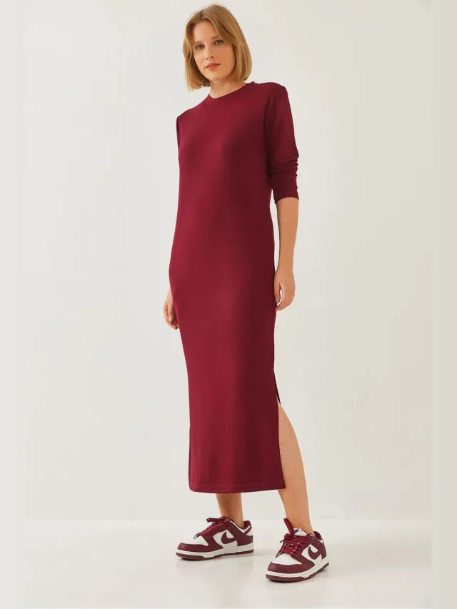 Bianco Lucci Korte Mouwen Midi-Jurk met Split Bordeauxrood