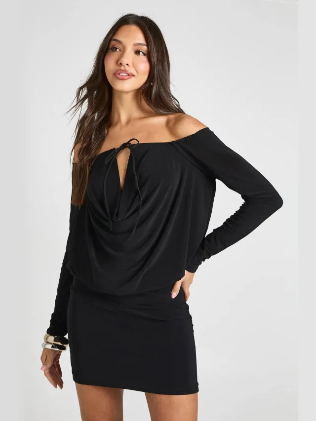 boohoo Dames Slinky Bardot Jurk Met Gedrapeerde Voorkant En Bodycon Pasvorm Zwart