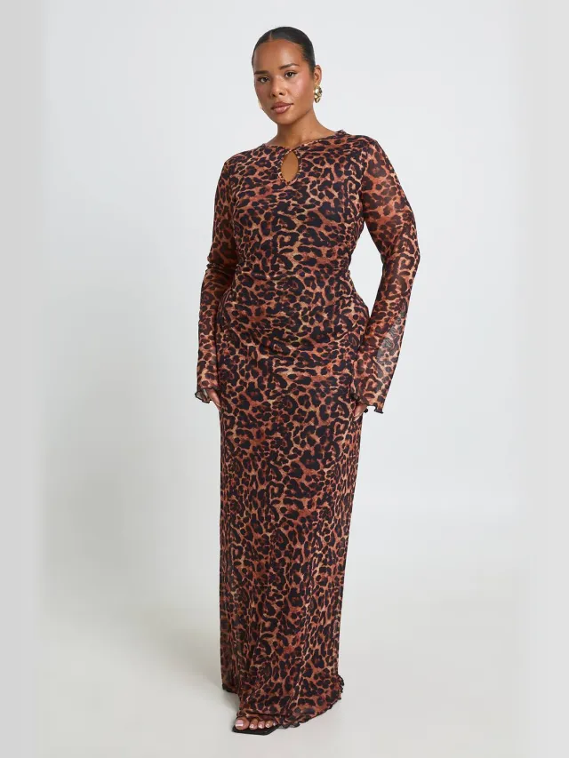 boohoo Dames Plus Luipaard Mesh Keyhole Maxi Jurk Bruin