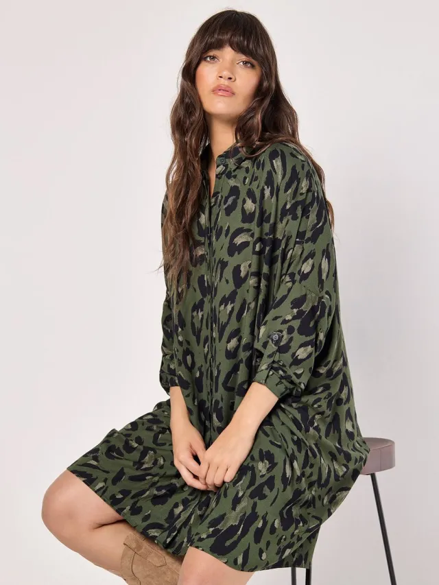 Apricot Cheetah Oversized Shirt Mini Dress Kaki