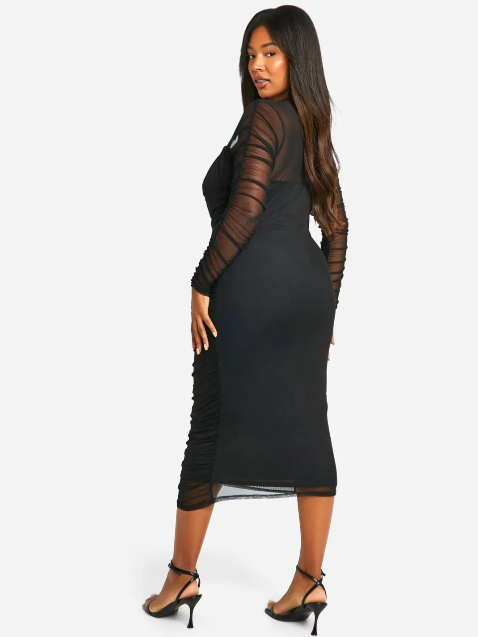 boohoo Dames Plus Mesh Geruched Midi Jurk zwart, foto 2