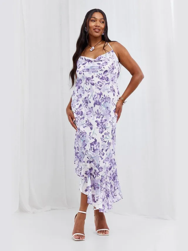 boohoo Dames Plus Floral Cowl-back Asymmetrische Maxi-jurk violet, foto 2