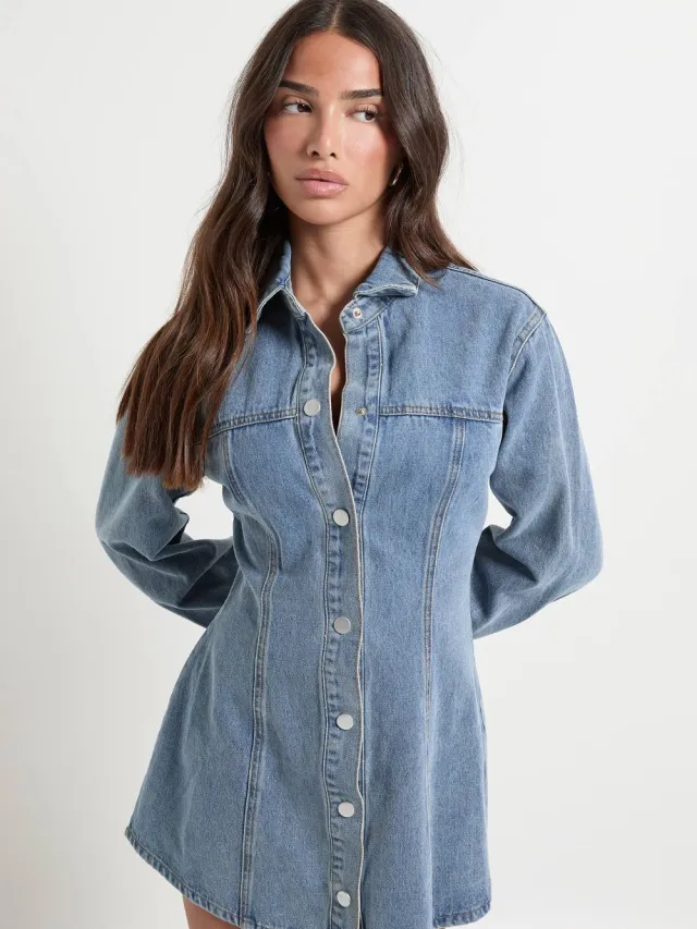 boohoo Dames Petite lange mouwen denimjurk met getailleerde taille Medium Blauw