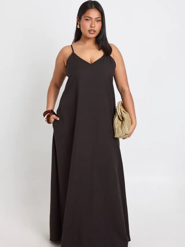 boohoo Dames Plus Linnen Maxi Jurk Met Puntzoom Zwart