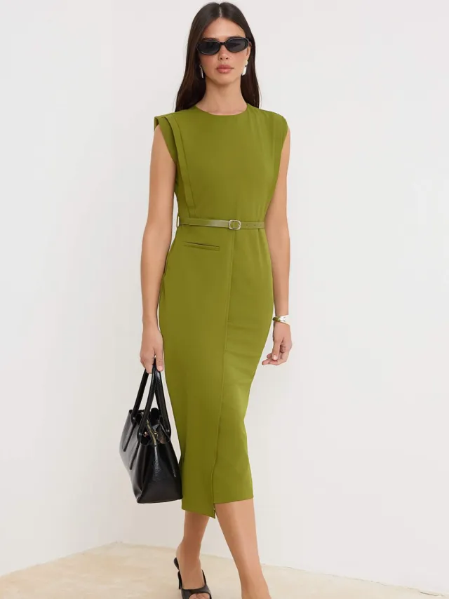 Trendyol TRENDYOLMİLLA Dames Groen Effen Midi Mouwloos Avond / Dagelijks Bodycon Jurken
