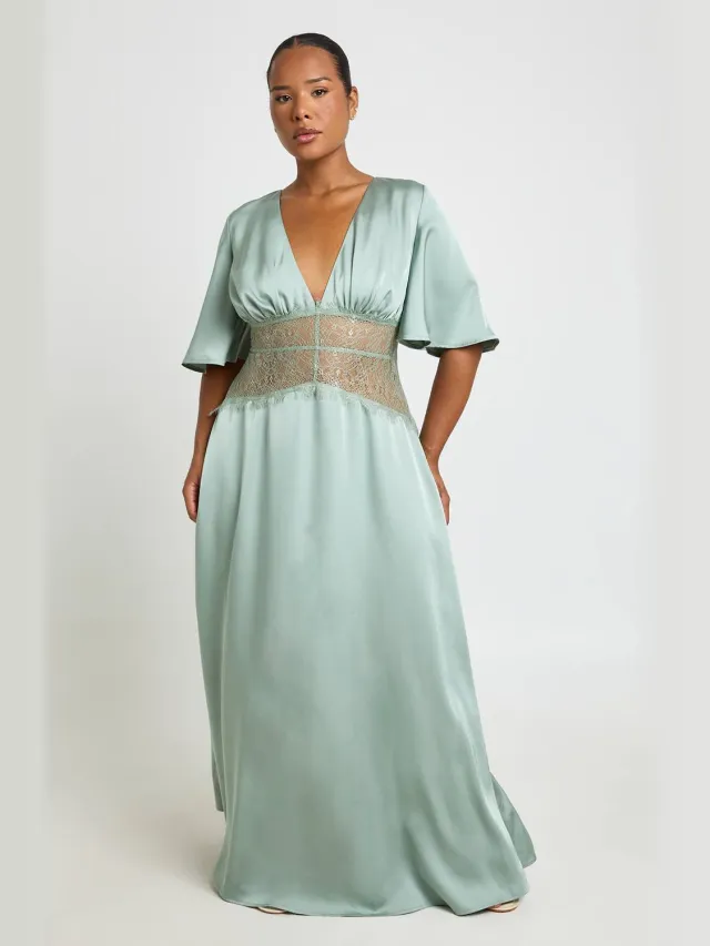 boohoo Dames Plus Satijnen Kanten Paneel Angel Sleeve Maxi Jurk Verstandig