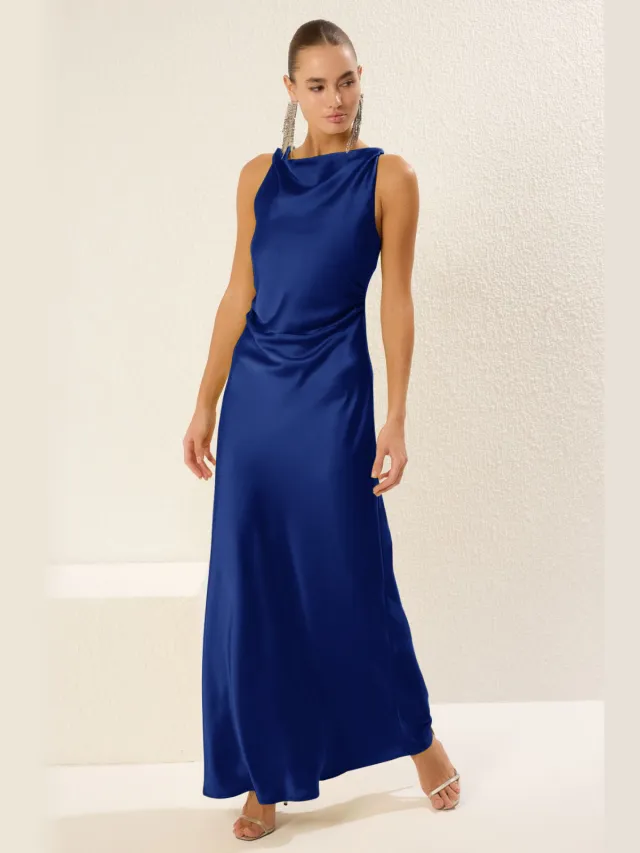 Trendyol TRENDYOLMİLLA Dames Donkerblauw Effen Maxi Mouwloos Diploma-uitreiking / Gala A-lijn Avond & Gala Jurk Kobaltblauw