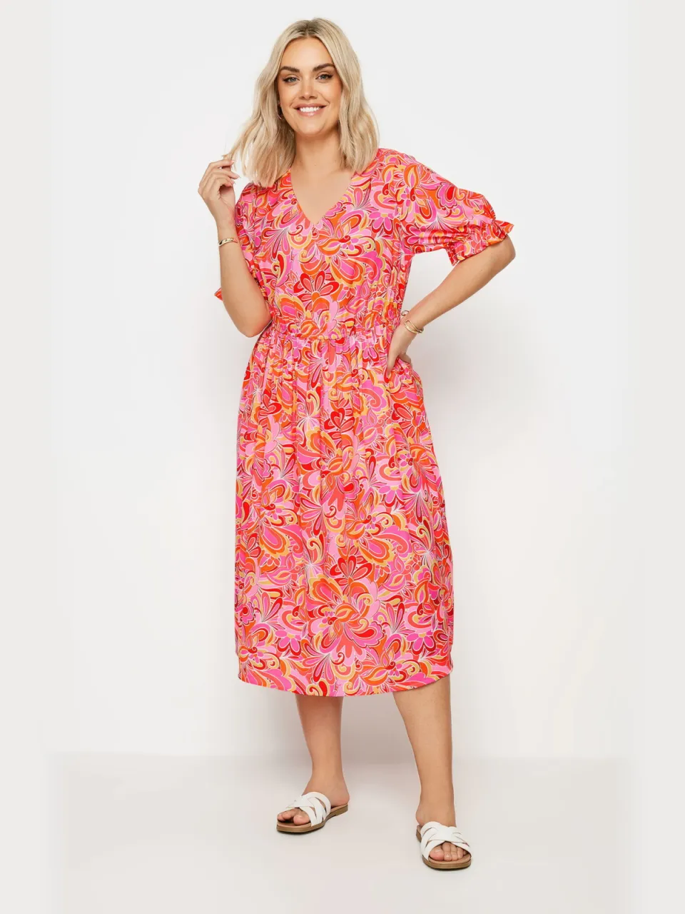 Yours Midijurk Met Korte Mouwen En Abstracte Print In Roze-56 Pink