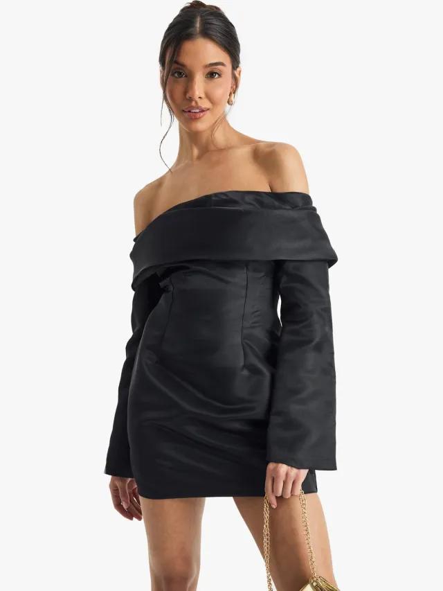 boohoo Dames Satijn Gestructureerde Bardot Mini Jurk Zwart