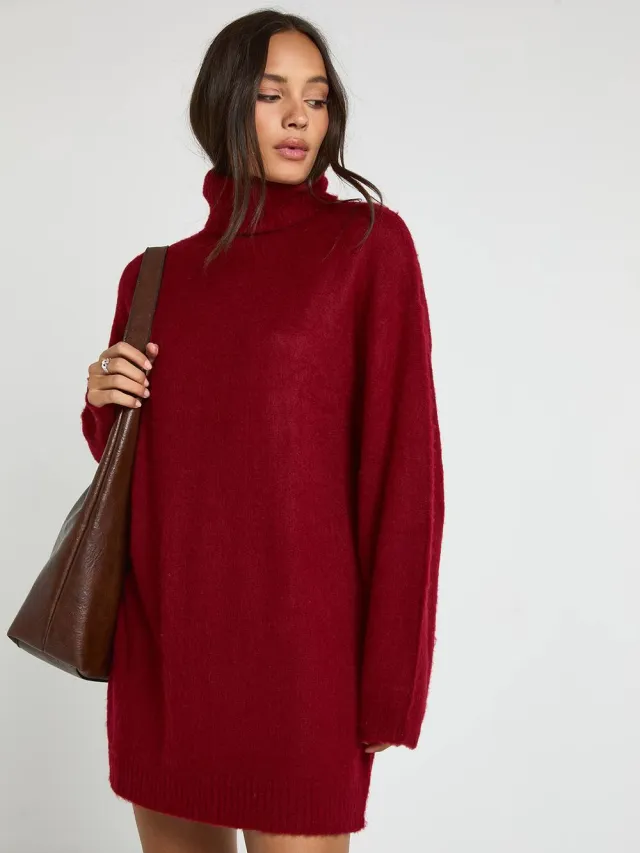 boohoo Dames Superzachte geborstelde gebreide rolhals minijurk Bordeaux Rood