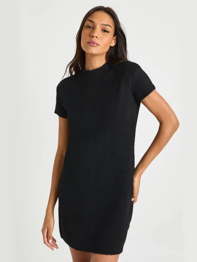 boohoo Dames Lang Hoge Hals Korte Mouw Gebreide Mini-Jurk Zwart