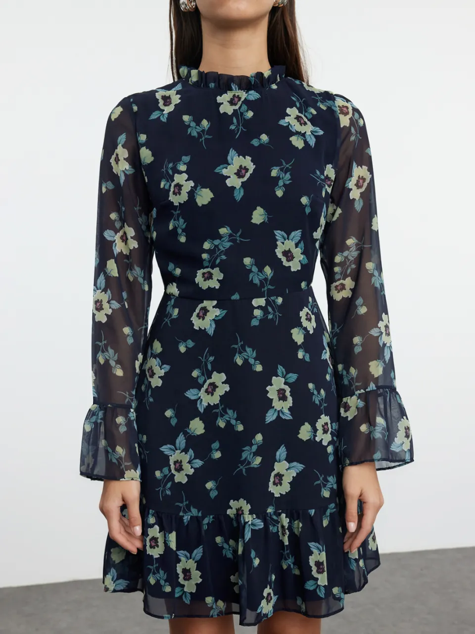Trendyol TRENDYOLMİLLA Dames Donkerblauw Bloemen Kort / Mini Lang Avond / Dagelijks A-lijn Jurken donker marineblauw, foto 2