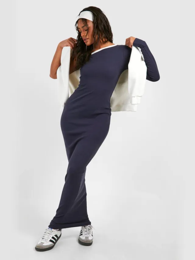 boohoo Dames Premium Contrast Rib One Shoulder Maxi Dress Benzine