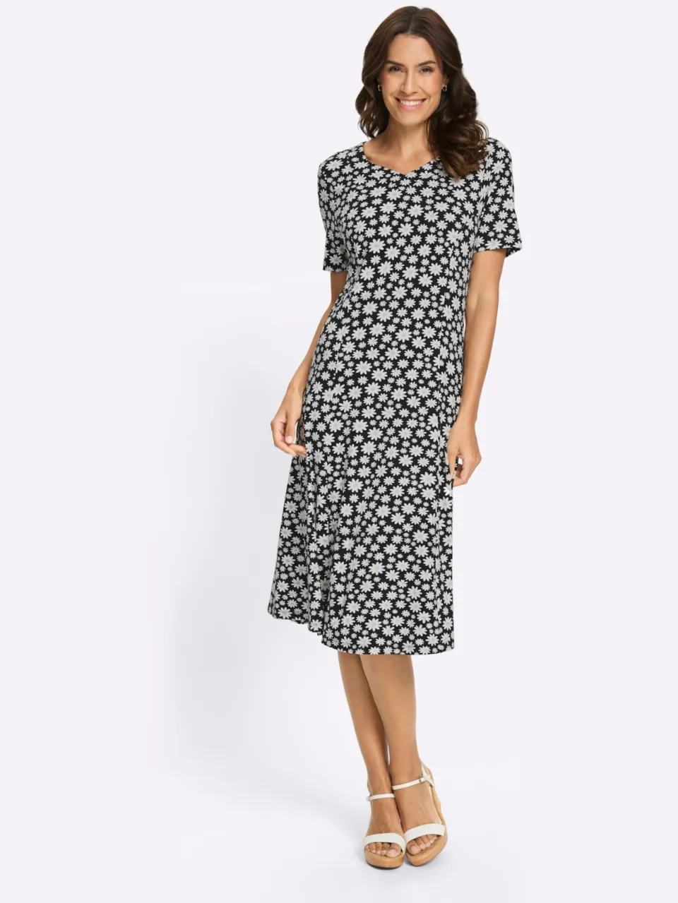 Jersey jurk zwart/ecru geprint