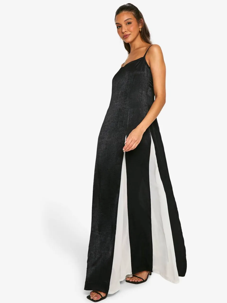 boohoo Dames Satijn Contrast Godet Maxi Jurk zwart, foto 2
