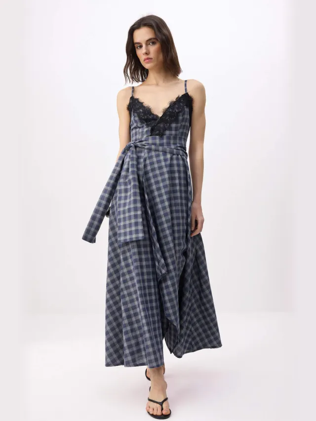 Turkishsouq Marineblauwe geruite/geruite mouwloze midi-jurk voor dames Marineblauw/Blauw