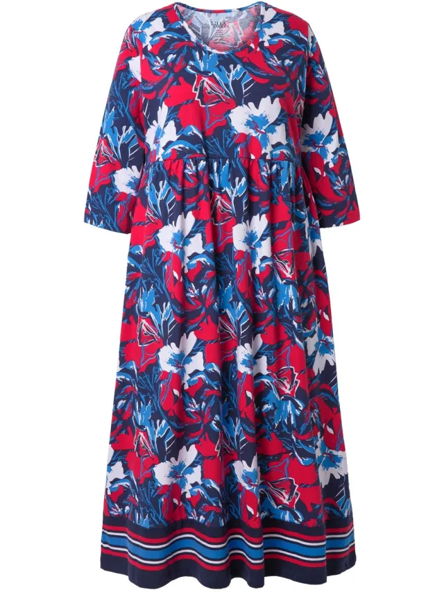 Ulla Popken Dames - Maxi-jurk van jersey A-lijn ronde hals 3/4-mouwen zakken - Marine - Maat 50+