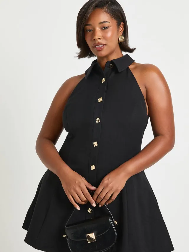 boohoo Dames Plus Gouden Knop Mouwloze Skater Shirtjurk Zwart