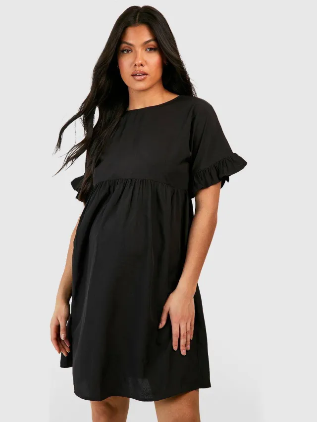 boohoo Dames Zwangerschapsjurk met ruches aan de mouwen Zwart