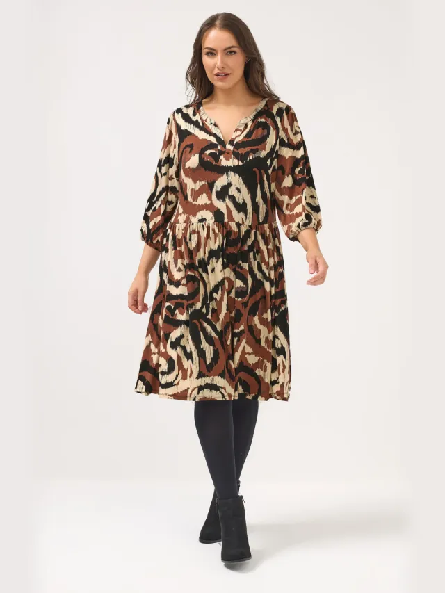 Yours Bruine Abstracte Jurk Met Inkeping In De Hals-52 Brown