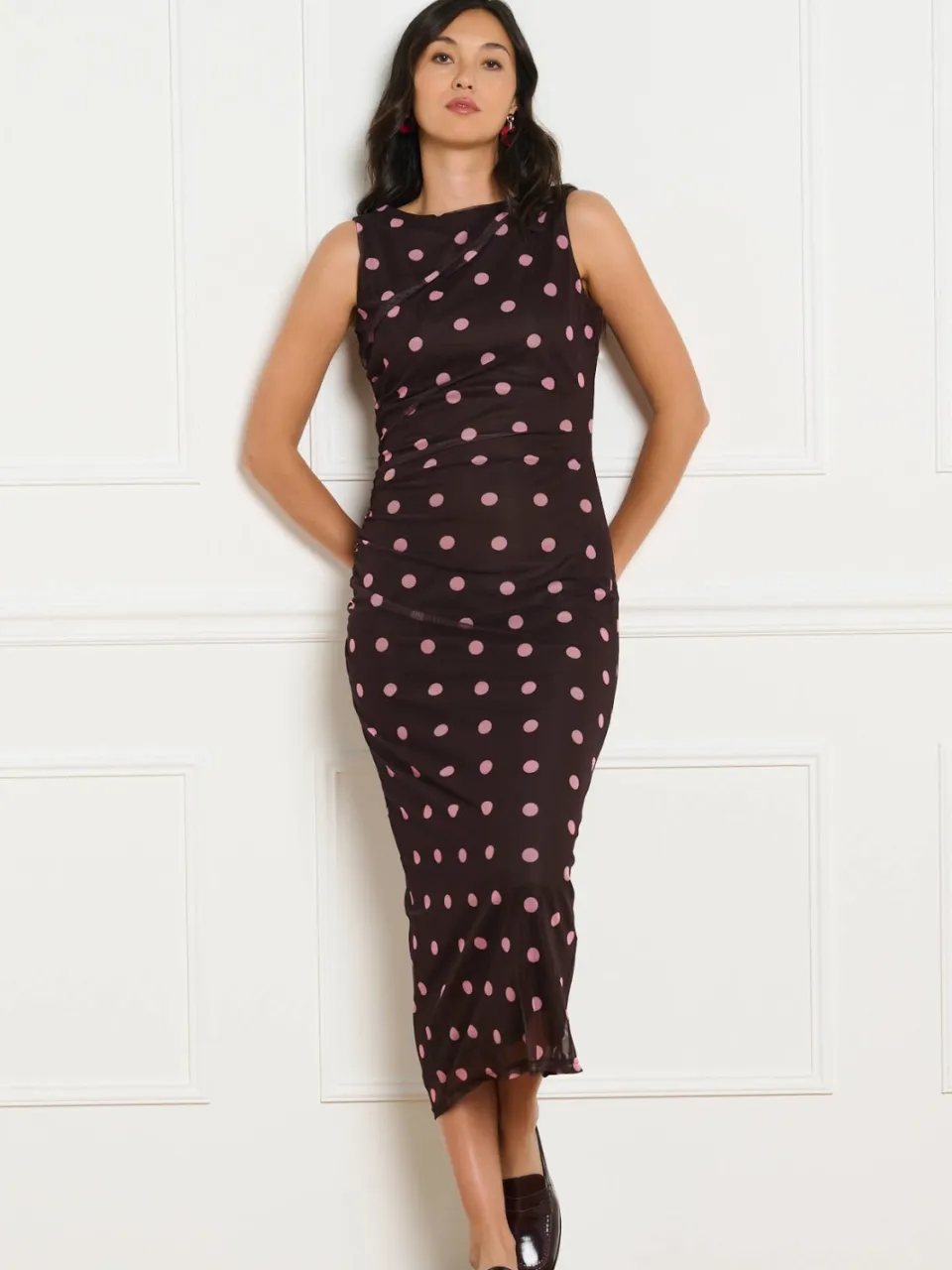 LOLALIZA midi jurk met stippen - bruin Bruin/roze