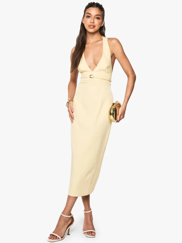 boohoo Dames Op maat gemaakte gespdetail halterneck midi jurk Buttermilk