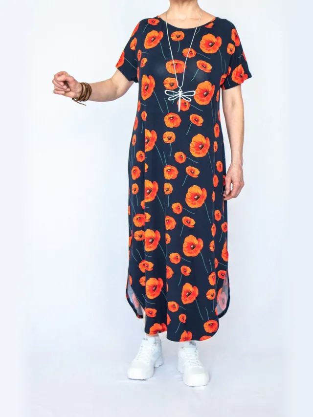 vetla Rode papaverbloemen op donkerblauwe jurk met rug bandjes Donkerblauwe met rood