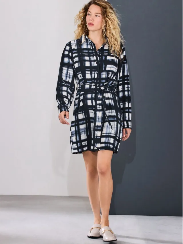 Next Dames - Mini Overhemdjurk met Lange Mouwen en Strikceintuur - Zwart Black/White Check