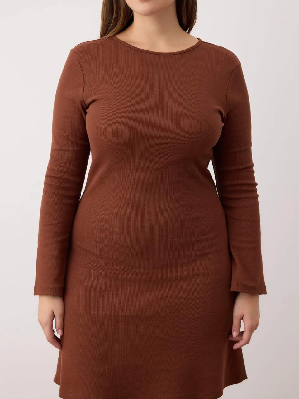 Trendyol Curve Dames Bruin Effen Kort / Mini Lang Casual A-lijn Grote maten Jurk