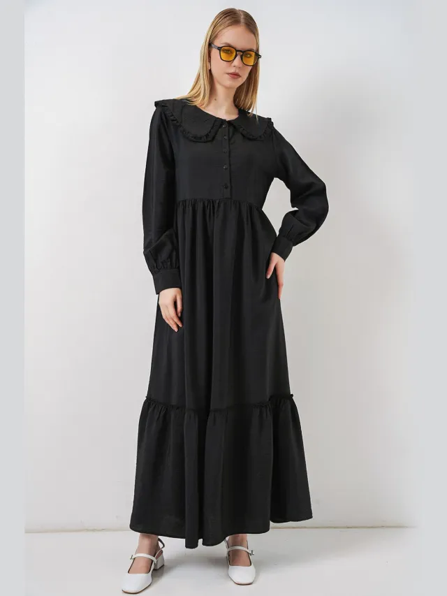 Big Dart Maxi-jurk met babykraag en knoopsluiting Zwart