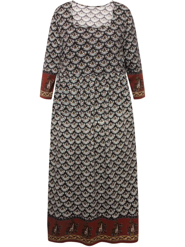 Ulla Popken Dames - Jersey jurk A-lijn vierkante halslijn 3/4 mouwen zakken - Zwart - Maat 66+