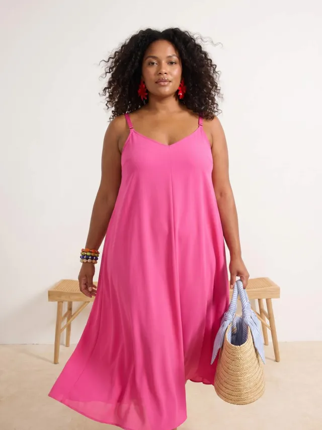 Trendyol Curve Dames Roze Effen Maxi Mouwloos Strandkleding A-lijn Grote maten Jurk