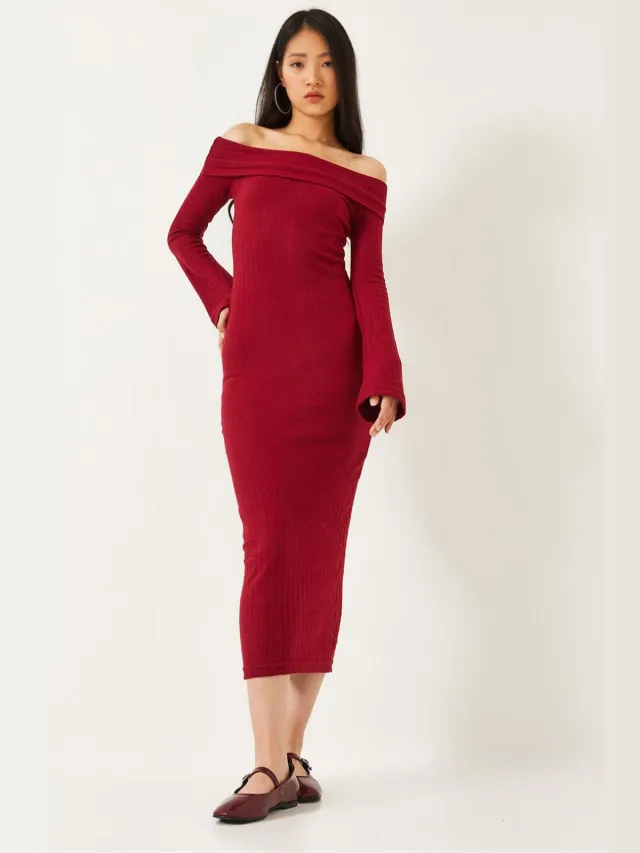 Bianco Lucci Mouwloze Ribgebreide Midi Jurk Bordeauxrood