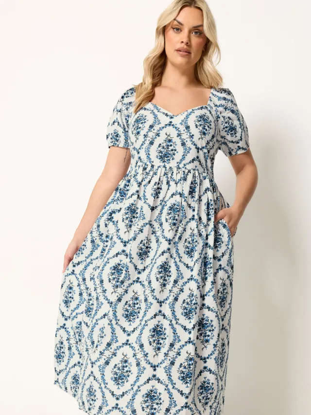 Yours Witte En Blauwe Midaxijurk Met Bloemenprint-64 White