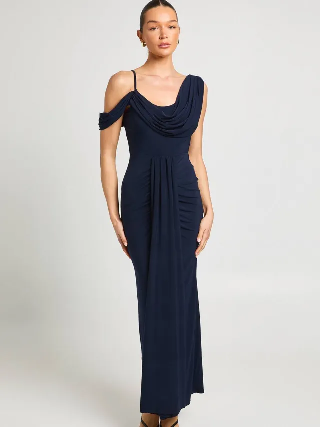 boohoo Dames Dubbele Laag Slinky Drape Voorkant Cold Shoulder Maxi Jurk Marineblauw
