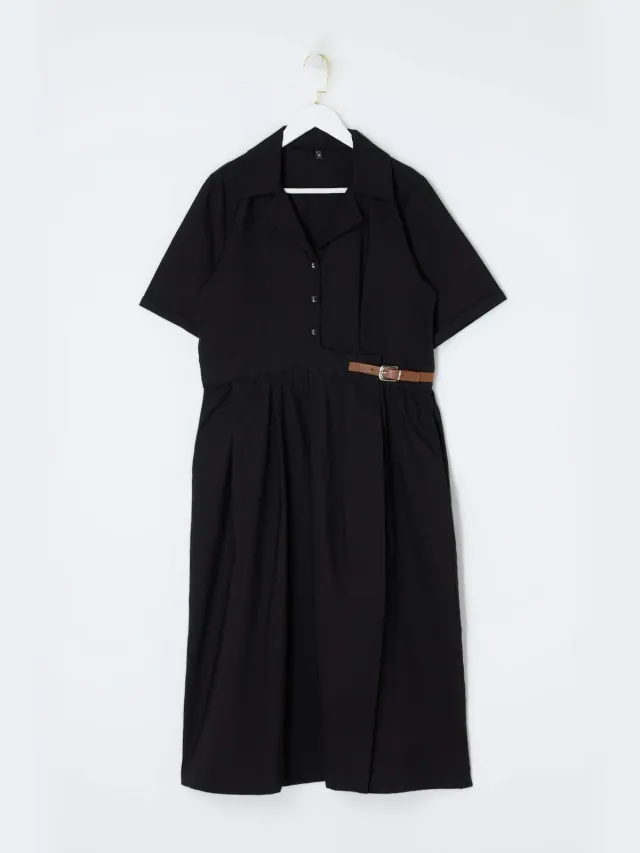 Trendyol Curve Dames Zwart Effen Midi Kort Casual Recht Grote maten Jurk