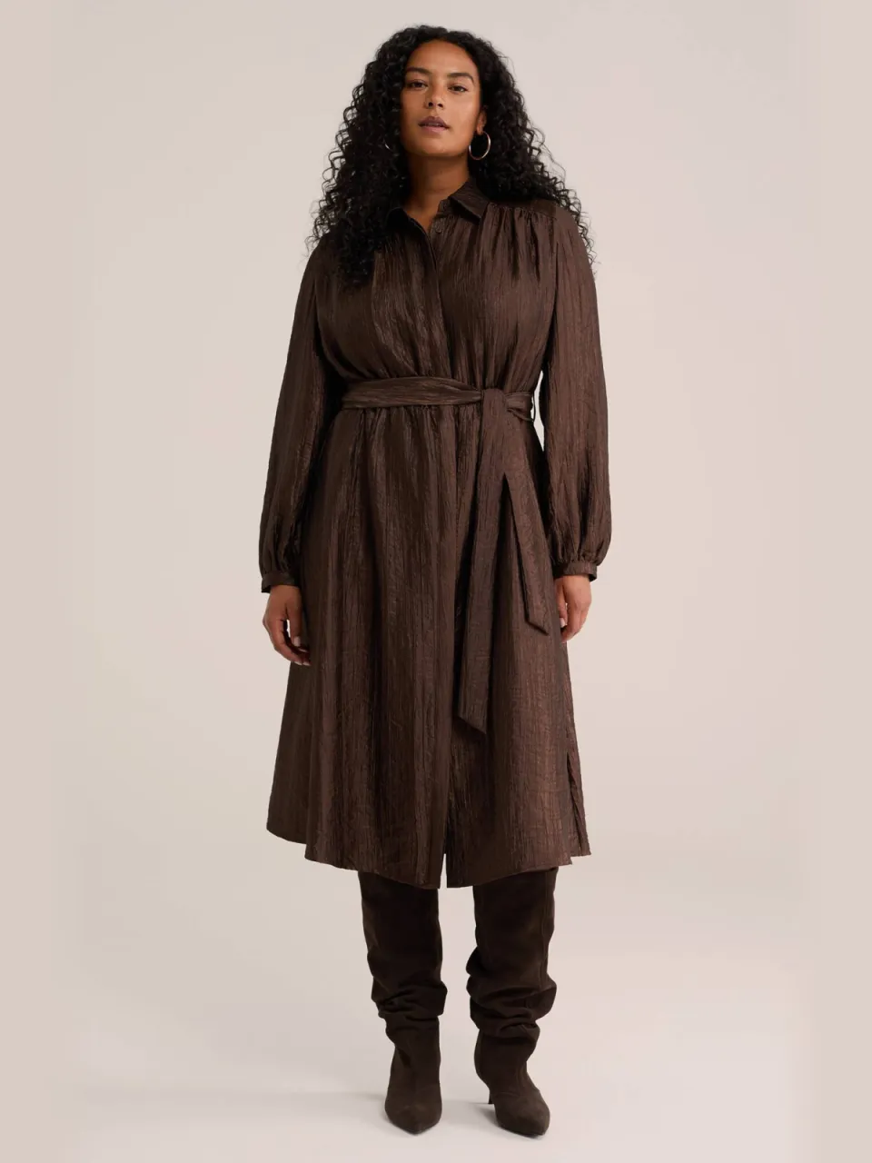 WE Fashion Curve Plus Size midi jurk met ceintuur - donkerbruin