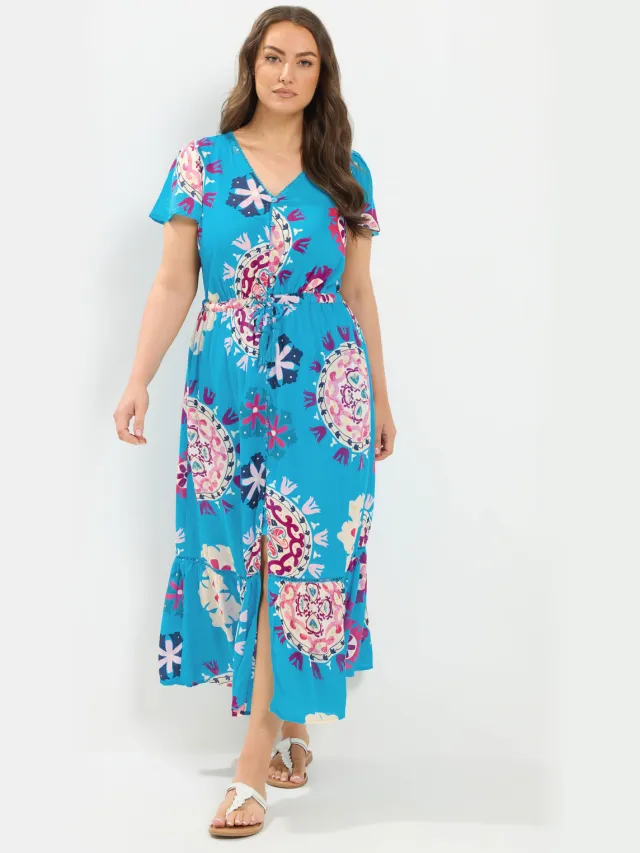 Yours Blauwe Jurk Met Blokprint Blue