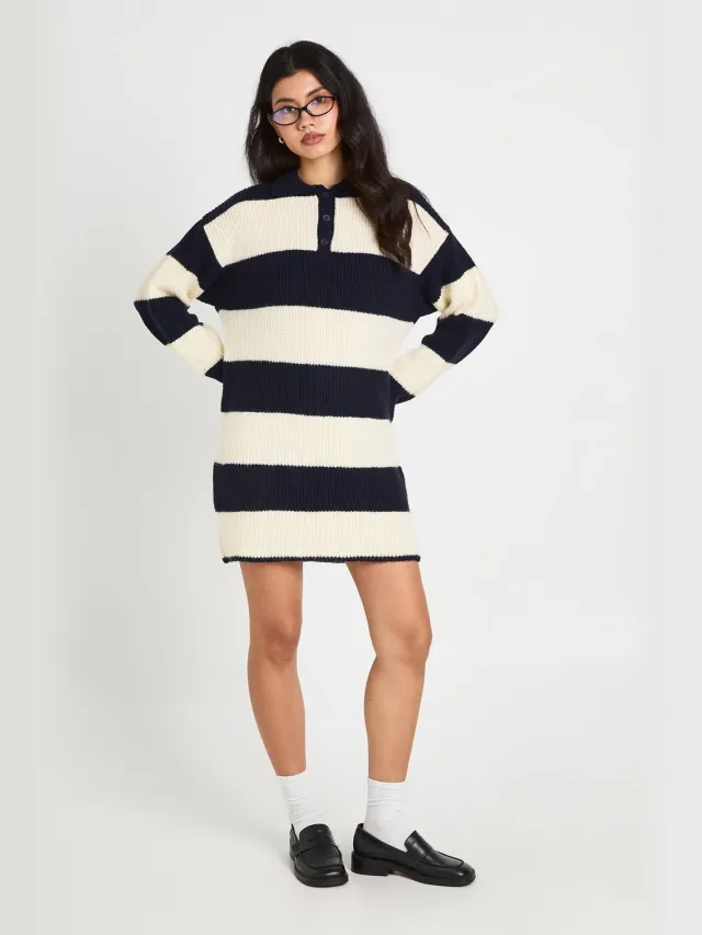 boohoo Dames Gestreepte Oversized Rugby Gebreide Mini-jurk Met Kraagdetail Marineblauw