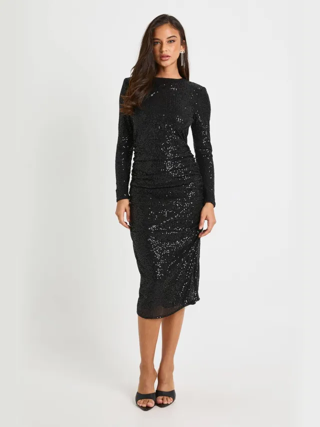 boohoo Dames Pailletten geruichede midaxi-jurk Zwart