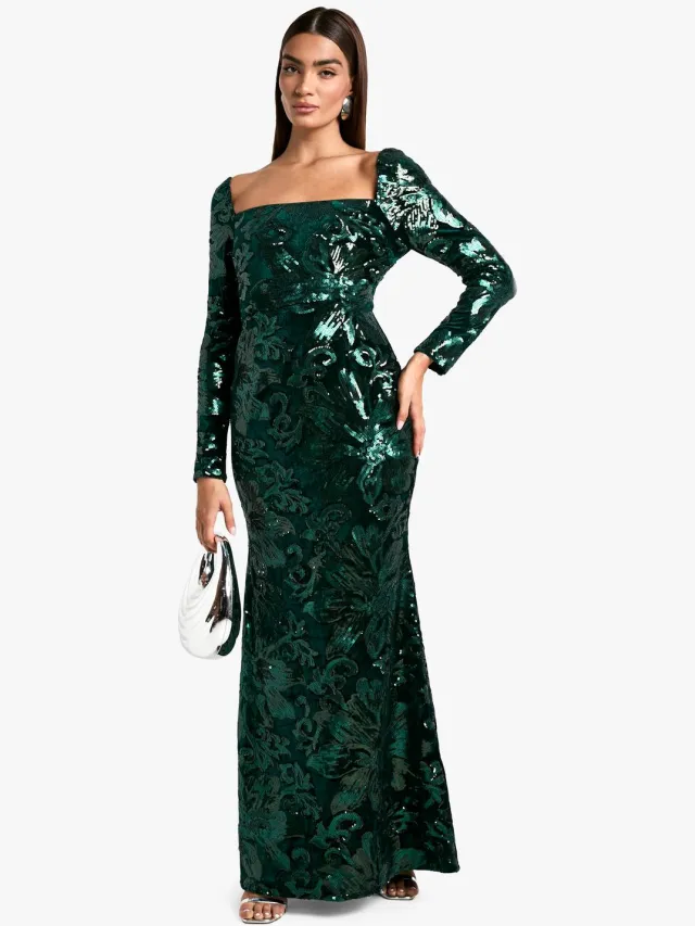 boohoo Dames Square Neck Demask Sequin Maxi Dress Smaragdgroen