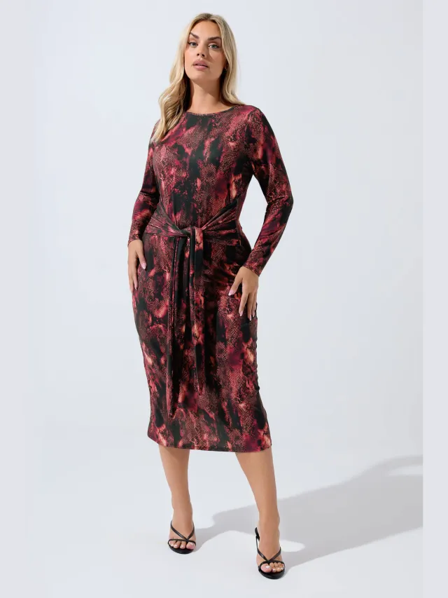 Limited Collection Midi Jurk Met Slangenprint En Strikdetail In Rood-60 Red