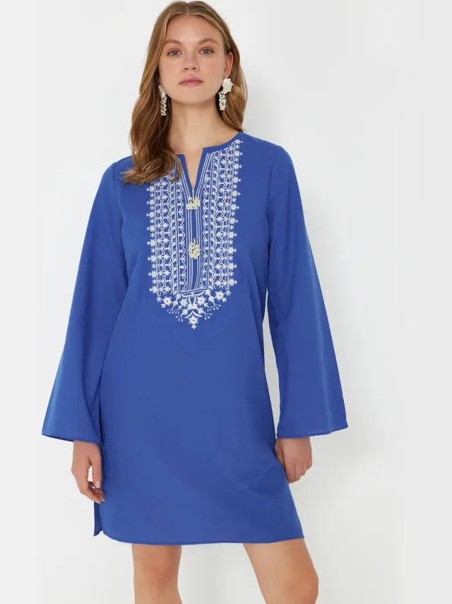 Trendyol TRENDYOLMİLLA Dames Blauw Effen Maxi Lang Strandkleding Recht Strandjurken