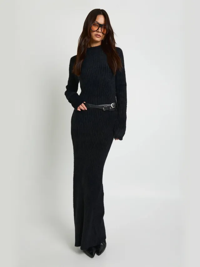 boohoo Dames Lange pluizige garen lange mouwen gebreide maxi-jurk Zwart