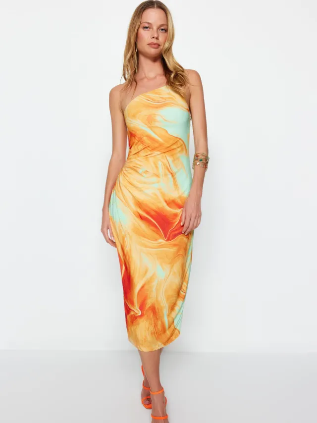 Trendyol TRENDYOLMİLLA Dames Oranje Abstract Midi Mouwloos Avond / Dagelijks Bodycon Jurken